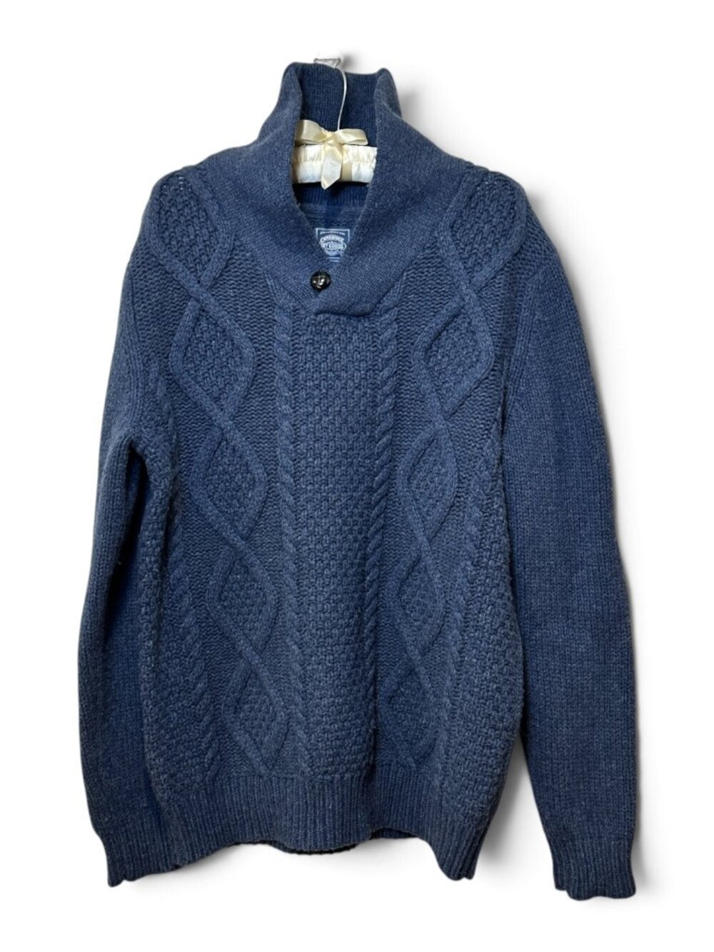 Cambridge Dry Goods Fisherman's Sweater Shawl Collar Slate Blue Size L Lambswool